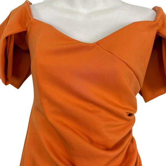 Asos Design Womens Orange Ruched Off The Shoulder Puff Sleeve Sheath Dress sz 10 - Picture 5 of 16